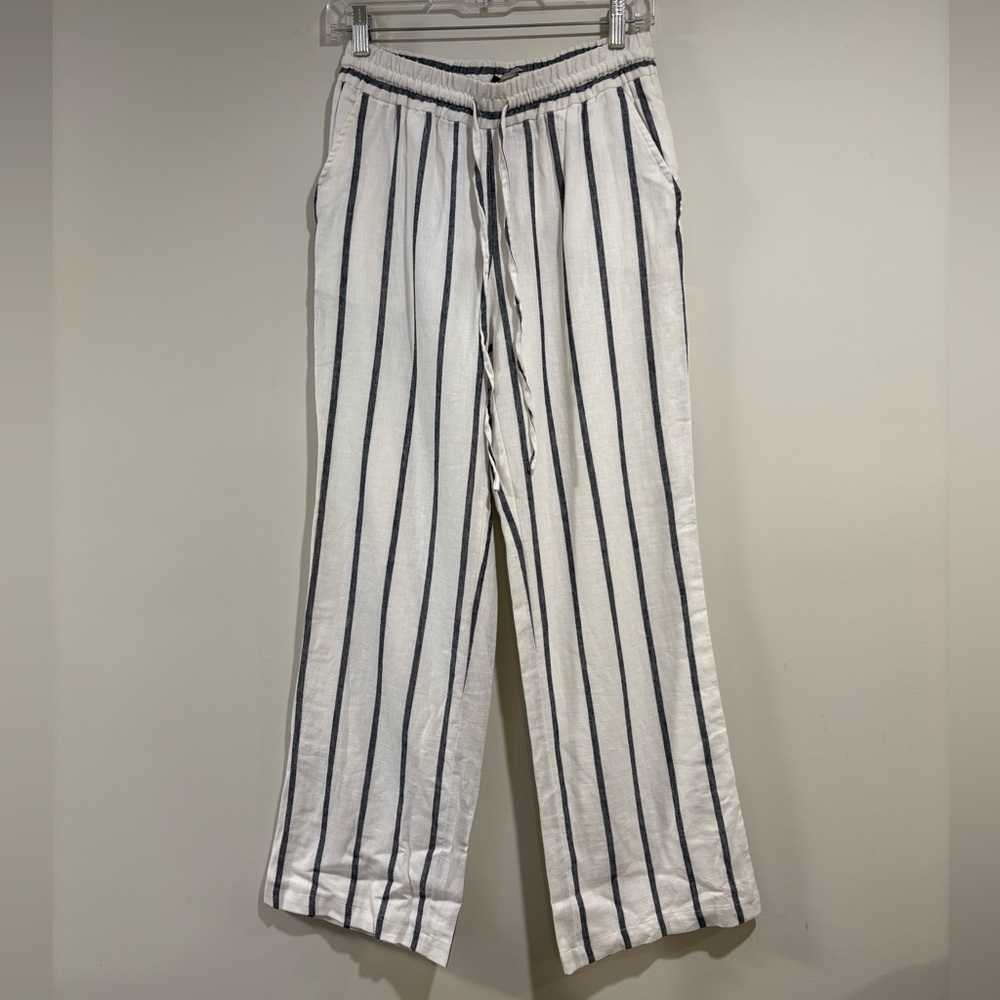 Renuar White Grey Blue Striped Linen Cotton Blend Wide Leg Ankle Pants Sz XS